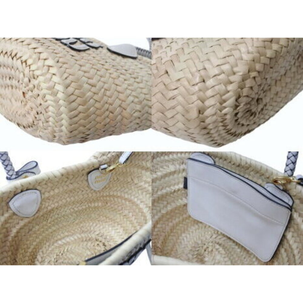 Miu Miu basket bag raffia leather logo patch Beige Tan white - Picture 7 of 8